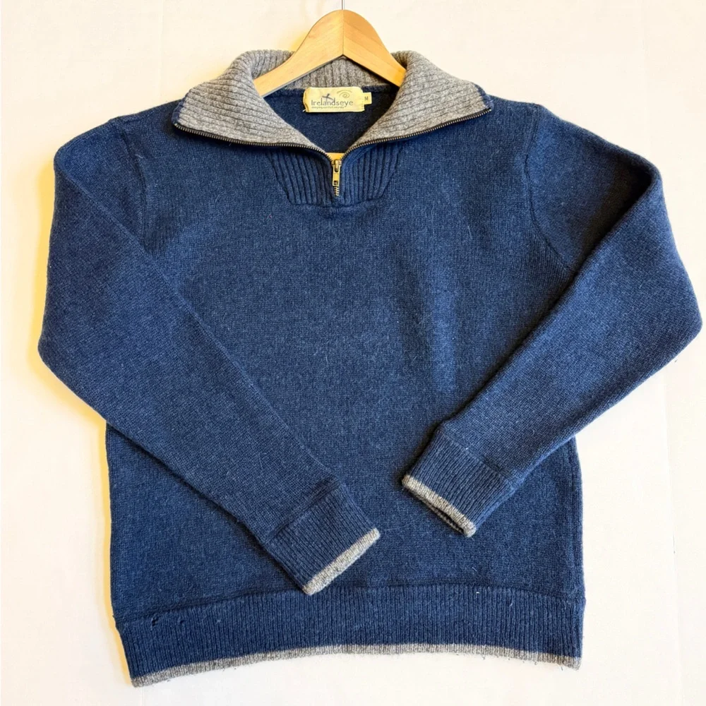 Irelandseye Men's Navy Blue‎ 100& Irish Wool Knitted 1/4 Zip-Up Sweater Size M